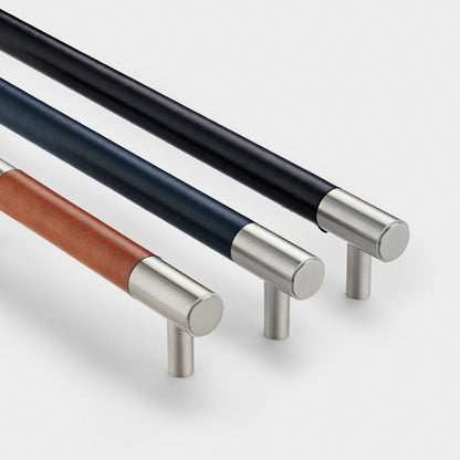 Silver Brass Leather Cabinet Handles in Black