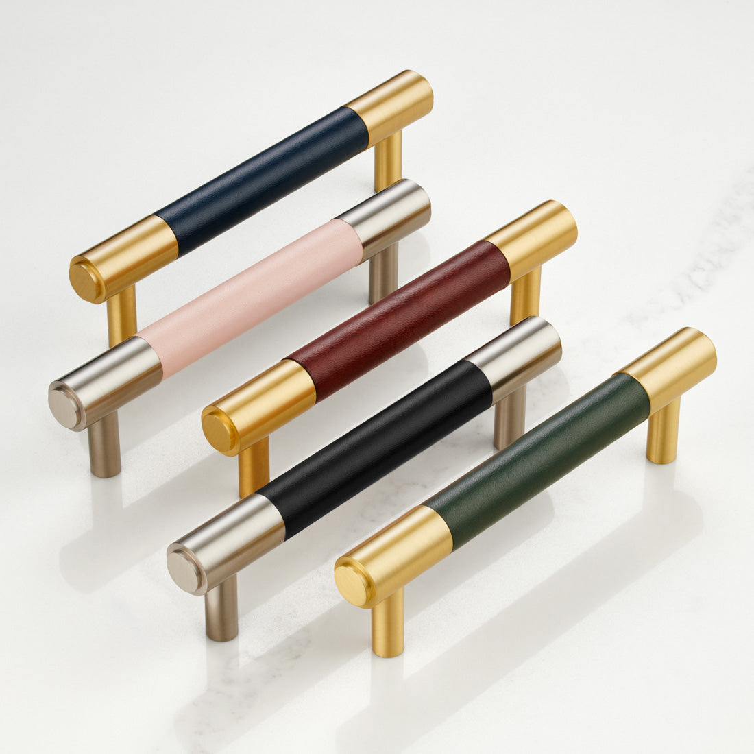Silver Brass Leather Cabinet Handles in Green
