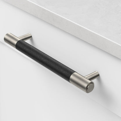 Silver Brass Leather Cabinet Handles in Black