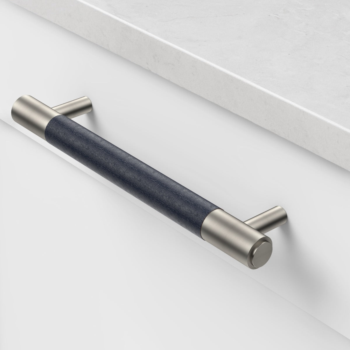 Silver Brass Leather Cabinet Handles in Blue