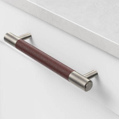 Silver Brass Leather Cabinet Handles in Brown
