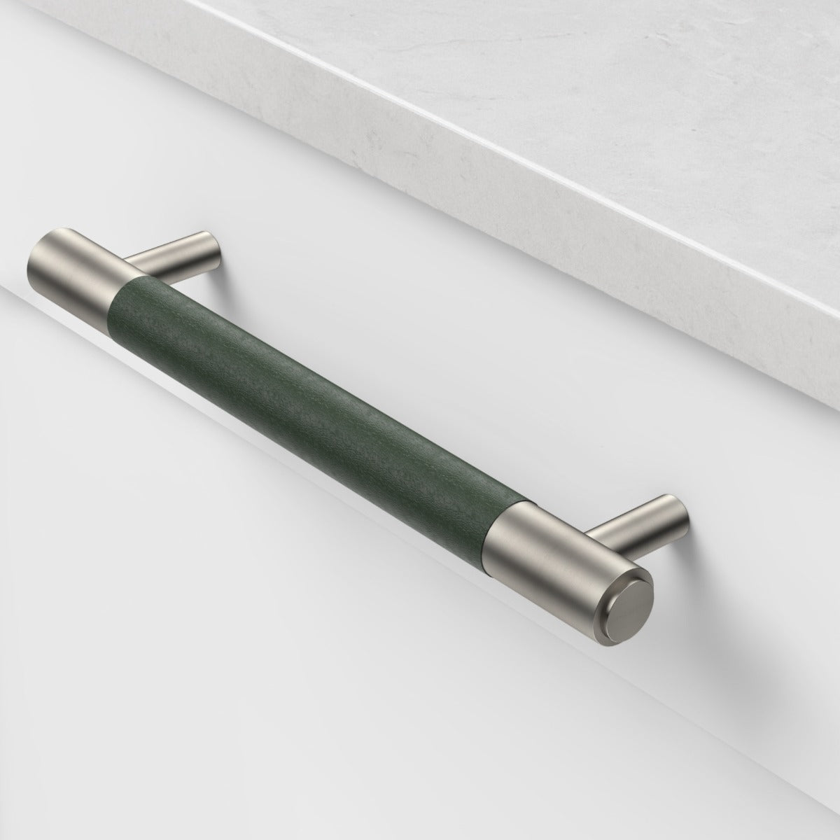 Silver Brass Leather Cabinet Handles in Green