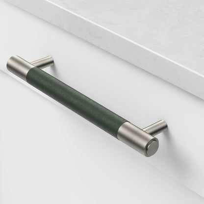 Silver Brass Leather Cabinet Handles in Green